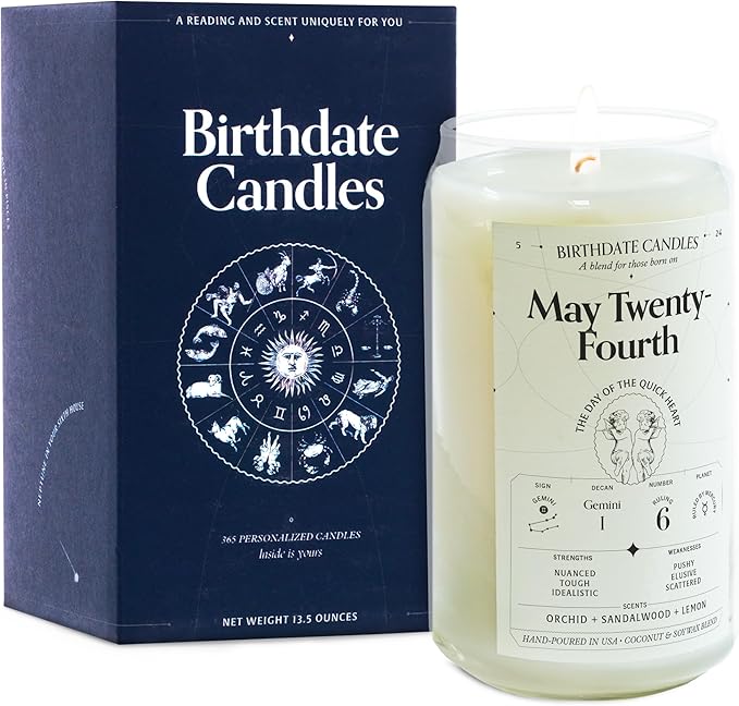 Birthdate Candles, May 24 - Gemini Zodiac Scented Candles Birthday Gift - Orchid, Sandalwood & Lemon Scent - All-Natural Soy & Coconut Wax, 60-80 Hour Burn Time - Made in USA