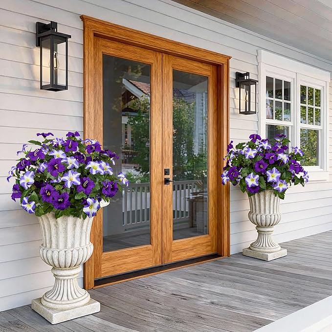 19 Inch Artificial Fake Flowers for Outdoor,4 Pcs Faux Silk Petunias Spring Flowers for Outside for Indoor Porch Planter Front Door Garden Patio Window Box Home Decor(Double Purple)
