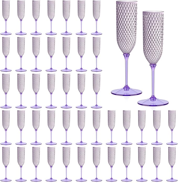 48 Pack Purple Detachable 2 piece Champagne Flutes 5.5 Oz Unbreakable Plastic Mimosa Disposable Champagne Glasses Drinking Cups Stemmed Reusable Wine Toasting Glasses for Wedding (48, Purple)