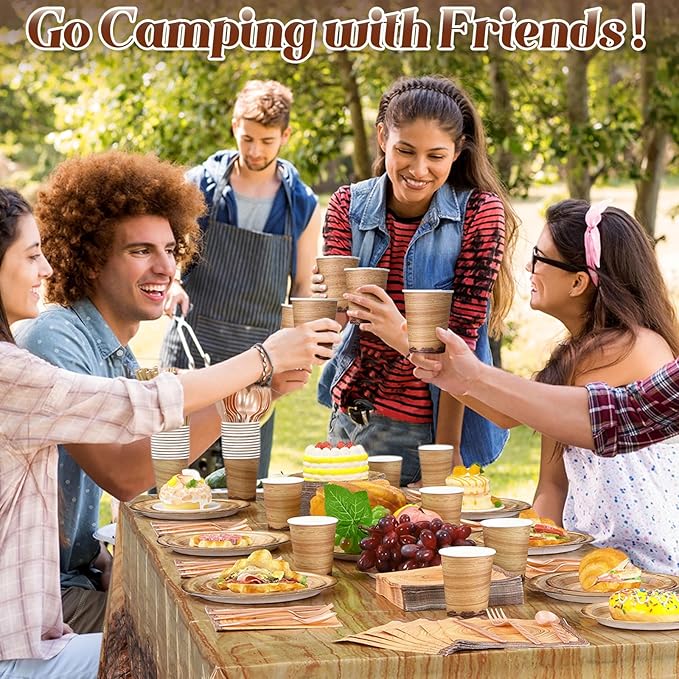 452 Pcs Camping Wood Grain Party Decorations Rustic Wood Disposable Paper Plates Napkins Cups Tablecloth Cutlery Straws for Forest Themed Party Decorations Hunting Birthday Supplies