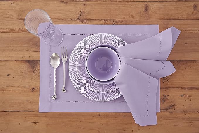 Solino Home Cloth Placemats Set of 4 - Cotton Linen Hemstitch Lavender Ice Placemats 14 x 19 Inch for Valentines, Spring, Easter