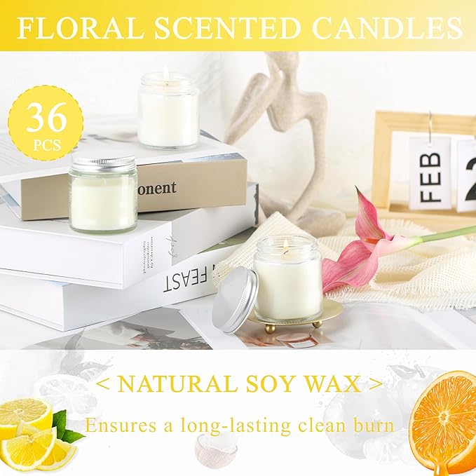 ACITHGL 36 Pcs 4oz Mini Mason Jar Candles Small Scented Candles Bulk Aromatherapy Ideal Souvenir Favors for Wedding Birthday Party (Lemon, Citrus, Coconut Milk, Silver)