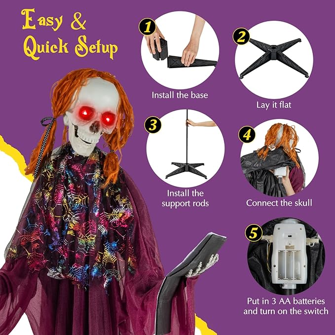 BECOMFORT 6 FT Halloween Animatronics, Sound-Activated Skeleton Girl with Book, Glowing Eyes, Howling Sounds, Moving Head & Posable Arms, Animated Halloween Props Decoration for Indoor & Outdoor