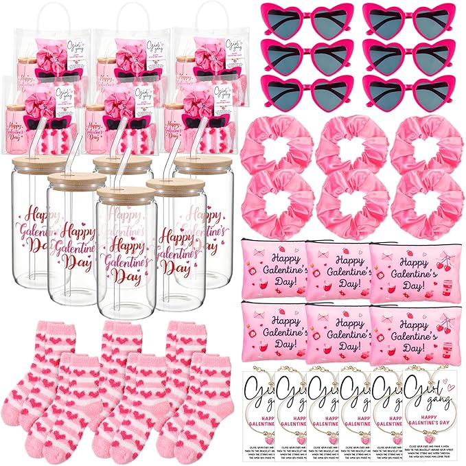 Zeyune 42 Pcs Galentines Day Gifts Valentines Gifts 6 Sets,Include Socks Glass Cup Friendship Bracelet Card Makeup Bag Heart Glasses Pink Scrunchies and Tote Bag for Women Friend Party Favors