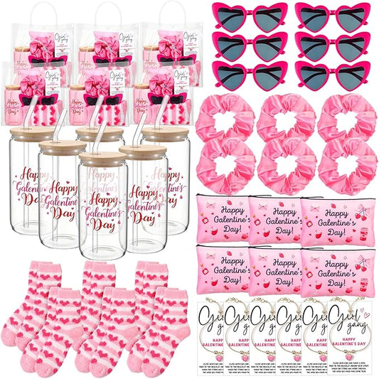 Zeyune 42 Pcs Galentines Day Gifts Valentines Gifts 6 Sets,Include Socks Glass Cup Friendship Bracelet Card Makeup Bag Heart Glasses Pink Scrunchies and Tote Bag for Women Friend Party Favors