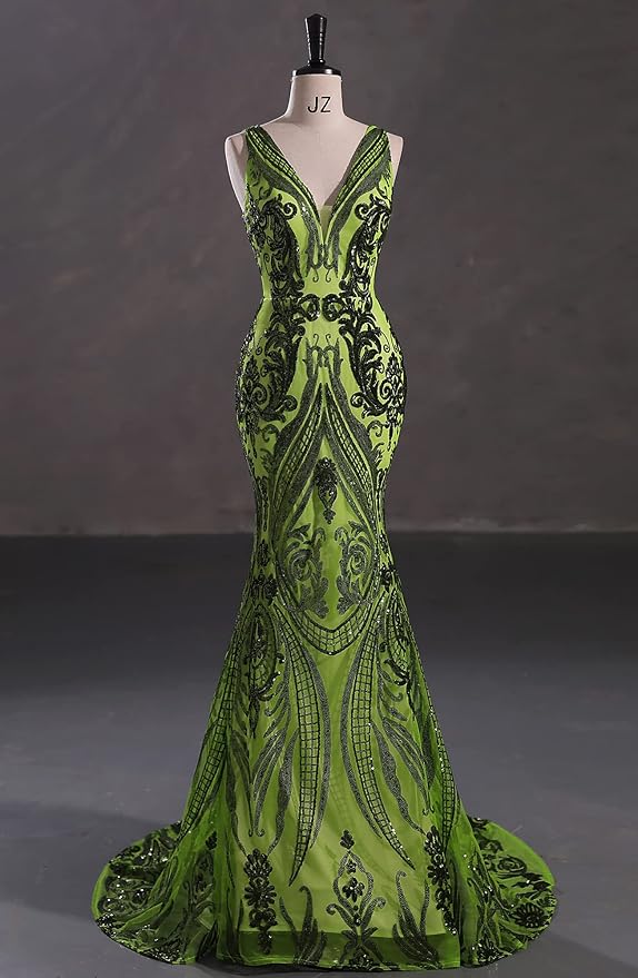 Women's Double V-Neck Sequins Lace-up Mermaid Evening Dress