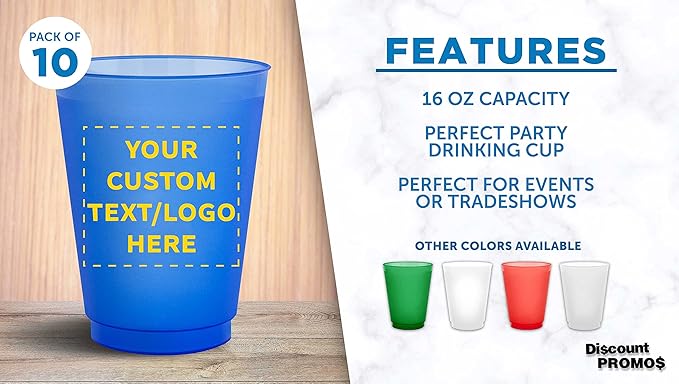 DISCOUNT PROMOS Custom Frosted Plastic Stadium Cups, 10 pack, Promotional Text, Logo, 16 oz. Shatterproof Flexible Reusable Party Cups, Blue