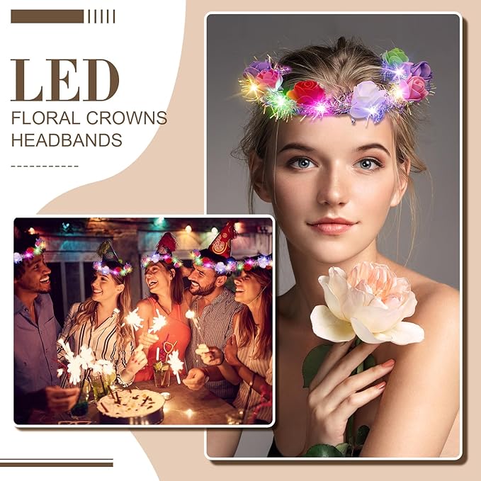 Syhood 40 Pcs LED Flower Headband, Light up Flower Crown Garland Headdress Floral Headpiece for Women Hair Accessories Bridal Shower Holiday Birthday Wedding Party(Rose Style)
