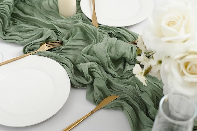 combocube 12 Pack 35x120 Inch 10Ft Cheesecloth Long Table Runner Gauze Rustic Romantic Table Cloth for Wedding Reception Bridal Shower Holiday Birthday Party Table Decorations, Sage Green
