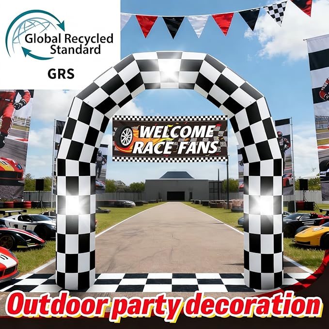 8FT Black and White Checkered Outdoor Race Car Inflatable Arch with Happy Birthday Banner, Blow Up Racing Party Decoration with Built-in 3 LED Lights for Race Car Themed Birthday Party Lawn Yard Decor