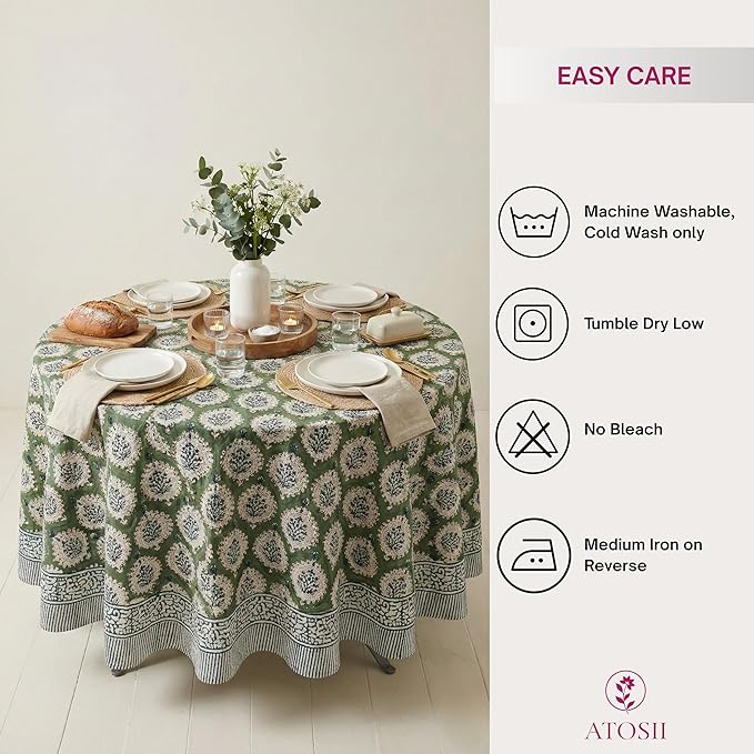 ATOSII Kari Green 100% Cotton Round Boho Spring Summer Tablecloth, Block Print Floral Table Cloth Linen for Dining, Parties, Weddings, OutdoorsI Home Table Decor 90" Inches Round