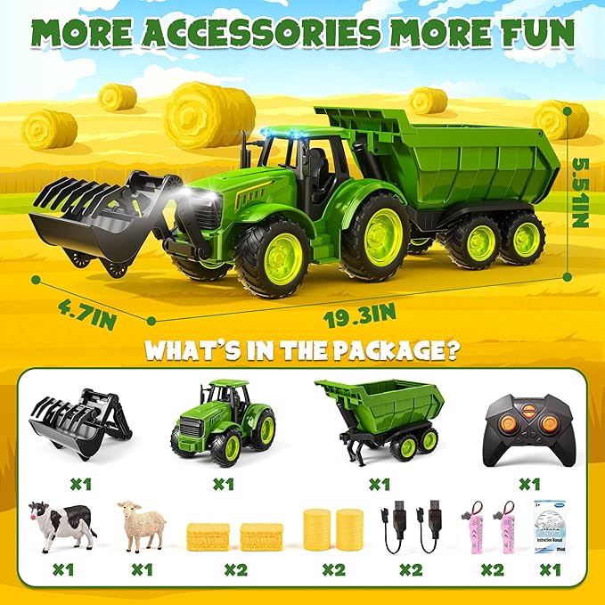 Funwee RC Farm Tractor Toy w/Light & Music, Kid Truck Toy w/Front Loader & Farm Animal, 2.4GHz RC Tractor Trailer Car Vehicle Toy for Boy Girl Age 3 4 5 6 7+ Year Old Christmas Birthday Gift (Green)