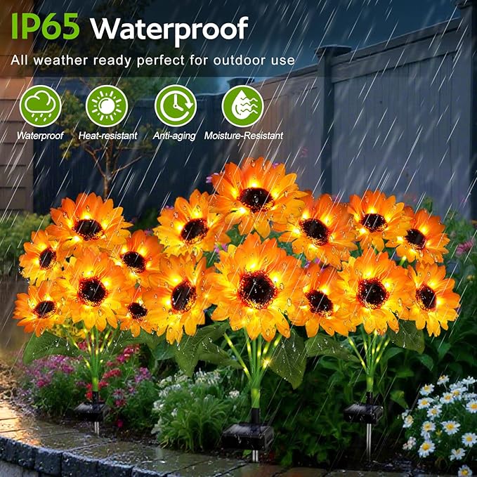 Solar Garden Lights Outdoor, 6 Pack Solar Sunflower Lights with 36 Head 3.4 Inch Flowers, Waterproof Flowers Light Fall Thanksgiving Decorations for Garden Yard Patio Backyard, Gifts for Mom Women