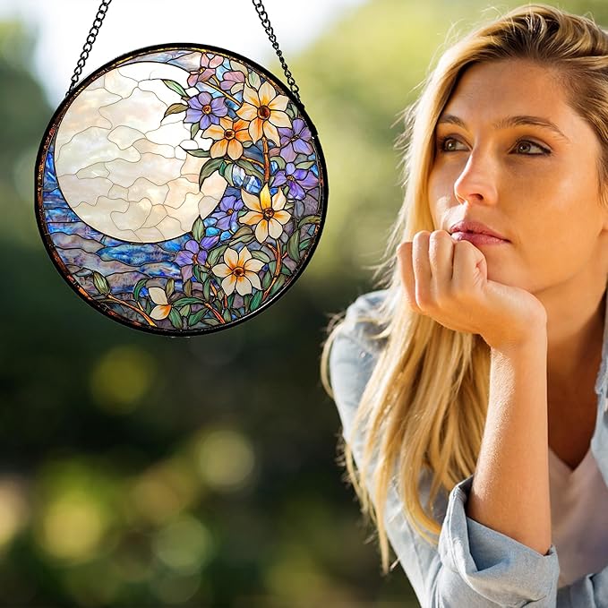 Stained Glass Window Hanging - White Purple Moon Flowers Suncatcher for Door Terrace Garden Home Decor Landscape Sun Catcher Birthday Gifts for Lovers Women Men Dad Mom Nana 15 in