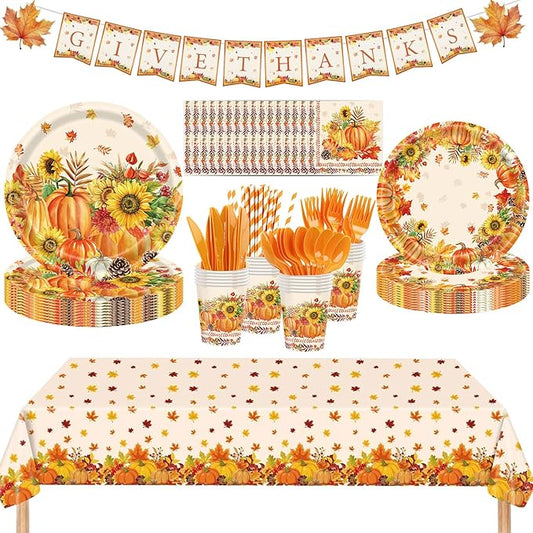 194Pcs Thanksgiving Disposable Dinnerware Tableware,Thanksgiving Paper Plates and Napkins Sets-Fall Thanksgivings Party Supplies with Tablecloth & Banner & Cups for Fall Party Decor, Serves 24