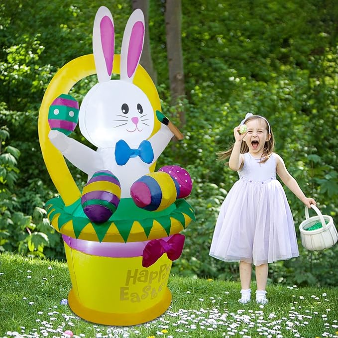 5 FT Easter Inflatable Outdoor Decoration, Inflatables Bunny with Basket and Eggs, Happy Easter Blow up Rabbit for Yard Lawn Garden Holiday Party