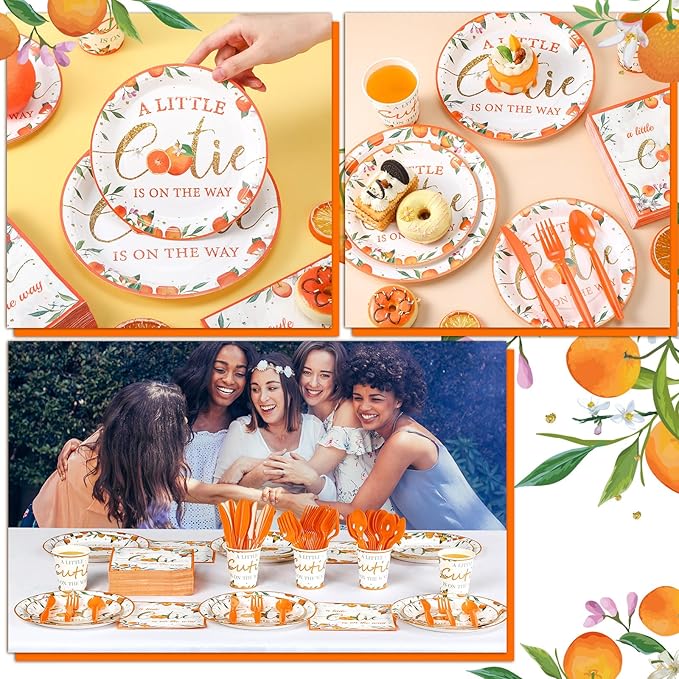 Dandat 350 Pcs Baby Shower Plates Set Baby Shower Party Supplies Serves 50 Tableware Sets Include Plates Napkin Cup Forks Knives Spoons Disposable Dinnerware(Little Cutie,Orange)