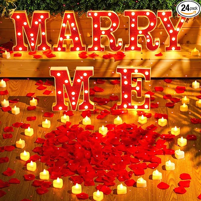 Hortsun Marry Me Light up Letters Proposal Decorations Will You Marry Me Sign Rose Petals 24 LED Candles Romantic Night Light for Proposal Engagement Wedding Anniversary Valentine's Day(Red, Yellow)