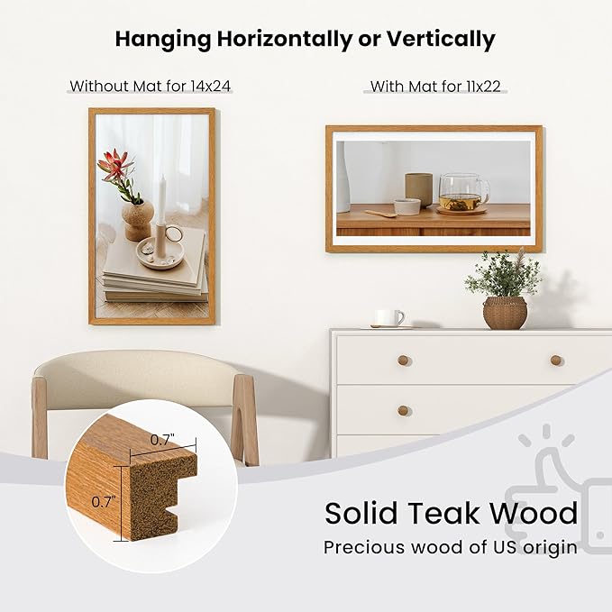 Axeman 14x24 Picture frame with mat for 11x22, Tempered Glass and Hanging Hardware Included Natural Teak Home Decor Art Hanging Poster Frame, Natural Teak