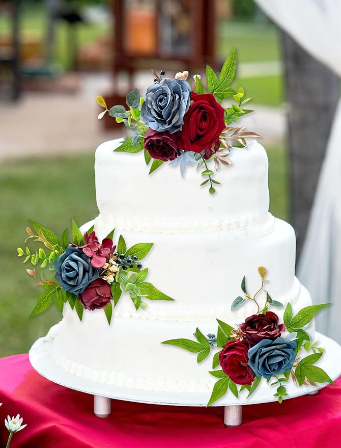 CherishedMoments 3Pcs Cake Topper Set, Wedding Artificial Flowers Decor Burgundy and Navy Blue Cake Topper Decorations for Wedding Ceremony Anniversary, Wedding Home Decor