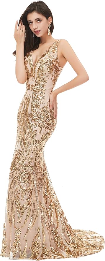 Women's Double V-Neck Sequins Lace-up Mermaid Evening Dress