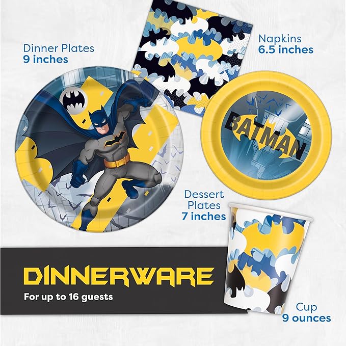 Batman Birthday Decorations and Party Supplies | Serves 16 Guests | Balloons, Banner, Table Cover, Masks, Plates, Cake Plates, Napkins, Cups, Button | Officially Licensed