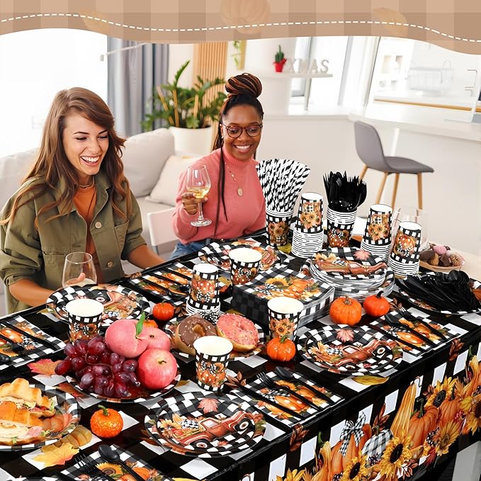 452 Pcs Fall Thanksgiving Party Decorations, Black White Buffalo Plaid and Orange Pumpkin Maple Leaves Paper Plates Napkins Cups Tablecloth Cutlery Straws for Autumn Harvest Party Supplies