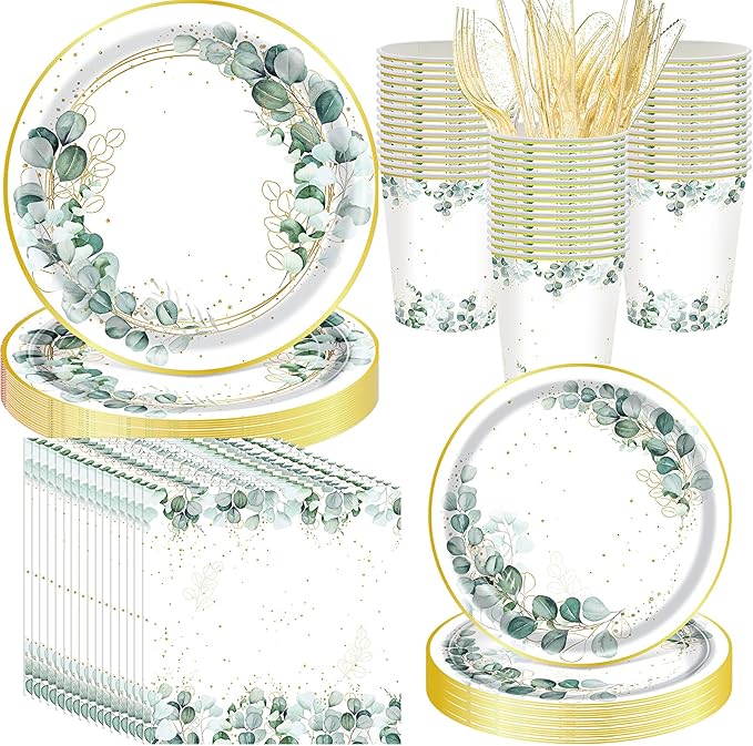 400 Pcs Sage Green Color Party Supplies Serve 50 Guests Eucalyptus Flowers Disposable Paper Plates Napkins and Cups for Bridal Baby Shower Birthday Wedding Party Decorations(Classic)