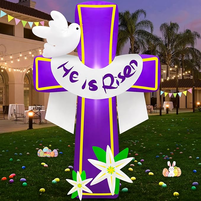 MICOCAH 4.5FT Easter Inflatables Outdoor Decorations He is Risen Inflatable Cross Blow Up with Lilies and Doves Build in LED Lights for Indoor Yard Garden Lawn Party Holiday Christian
