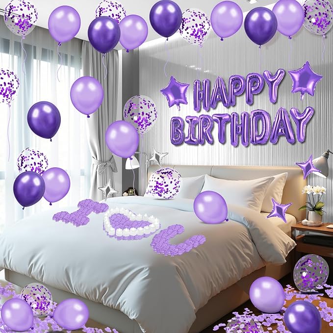 Purple Happy Birthday Balloons Decorations Purple Lavender Birthday Balloon Letters Banner with 6 Pcs Star Balloons Artificial Rose Petals 24 Flameless LED Candles for Room Hotel Party Decorations