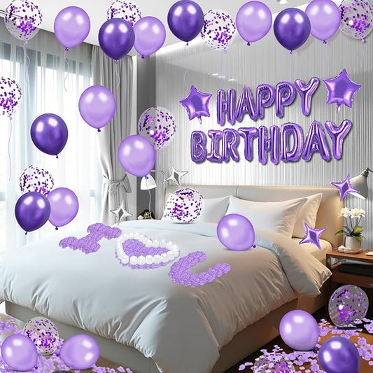Purple Happy Birthday Balloons Decorations Purple Lavender Birthday Balloon Letters Banner with 6 Pcs Star Balloons Artificial Rose Petals 24 Flameless LED Candles for Room Hotel Party Decorations