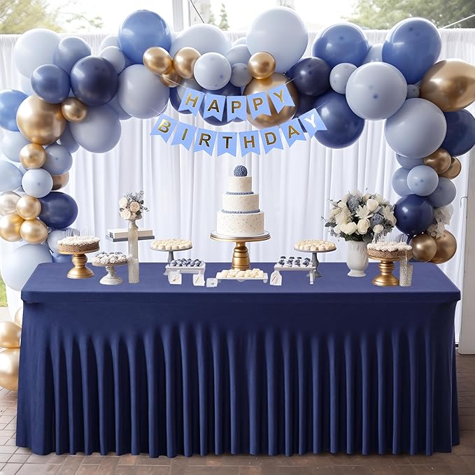 2 Packs Navy Blue Table Clothes for 8 Foot Rectangle Tables, One-Piece Wrinkle Resistant Stretch Spandex Table Covers with Table Skirt for Event Banquet Wedding Birthday Party