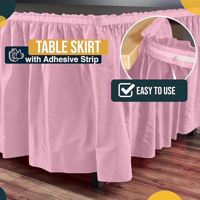 Exquisite Ruffle Table Skirt Pink Pack Of 12, 14 Ft Long Table Skirts for Rectangle Tables 6ft Plus or Round Tables Skirts with Adhesive Strip for Gender Reveal Decor & Happy Birthday Parties