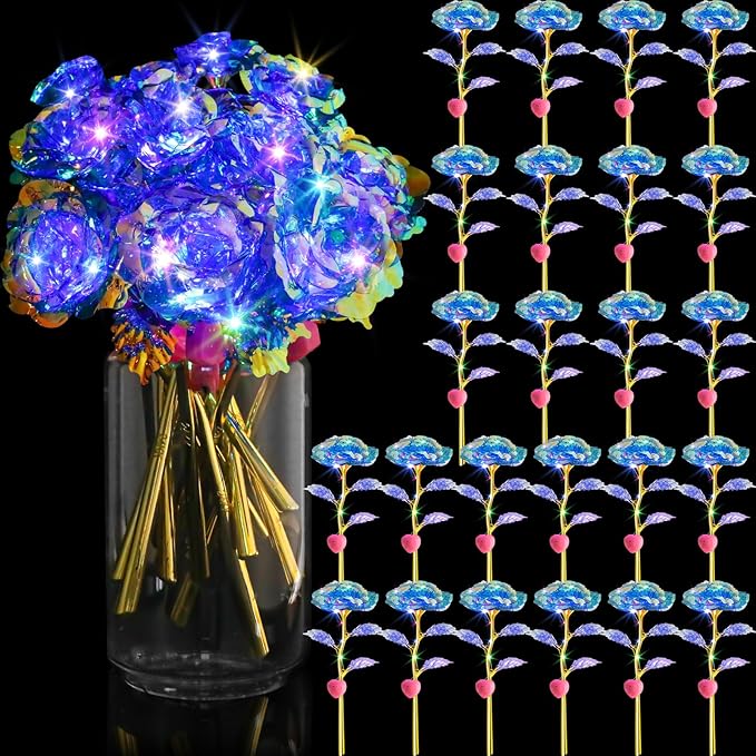 Lyrow 24 Pcs Valentines Galaxy Rose LED Light up Rose Flower Gifts Crystal Artificial Rainbow Flower for Valentine Lover Girlfriend Mom Her Mother's Day Birthday Wedding Gift, 9.84 Inches (Blue)