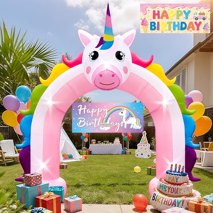 10FT Inflatable Unicorn Arch Outdoor Decorations Giant Rainbow Inflatables Arch Built-in 5 LED Lights Blow Up Pastel Unicorn Garden Yard Lawn Decor for Easter Wedding Baby Shower Girls Birthday Party
