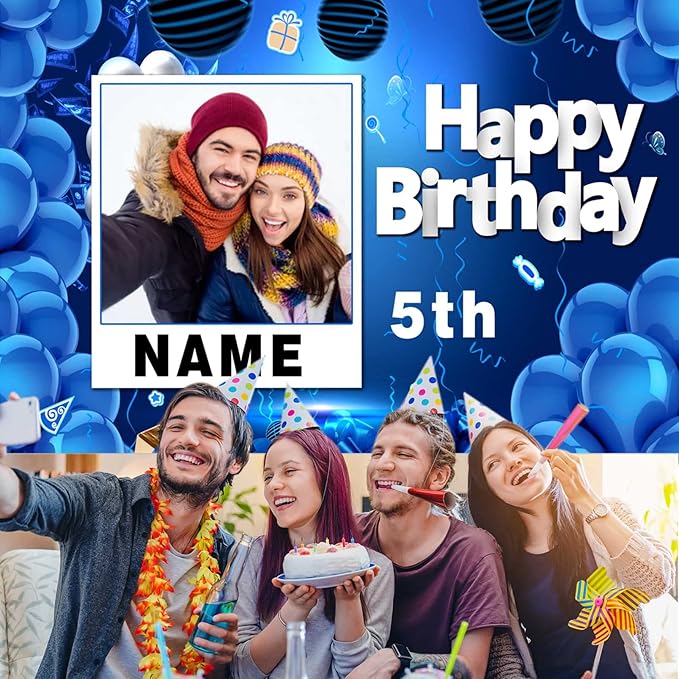 Custom Navy Blue and Gold Happy Birthday Sign Birthday Party Decorations Supplies Personalized Navy Blue Backdrop Banner (5x7.5ft)