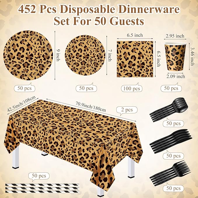 452 Pcs Leopard Print Party Decoration, Cheetah Print Paper Plates Napkins Cups Tablecloth Cutlery Straws for Jungle Safari Animal Theme Birthday Baby Shower Party Supplies Serve 50