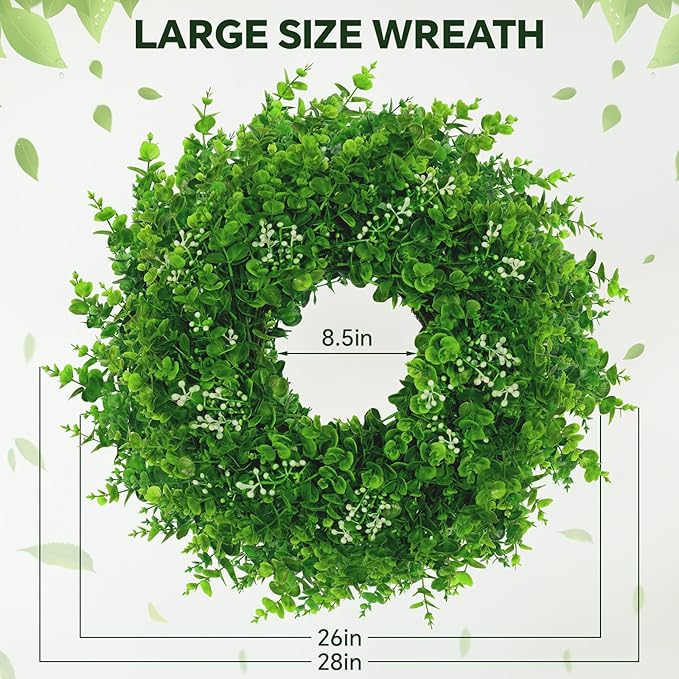 26'' Large Boxwood Wreath for Front Door Artificial Boxwood Leaves Greenery Outdoor Wreath for Porch Window Farmhouse Wall Home Decor Green Year Round Indoor Outdoor Spring Summer Fall All Seasons