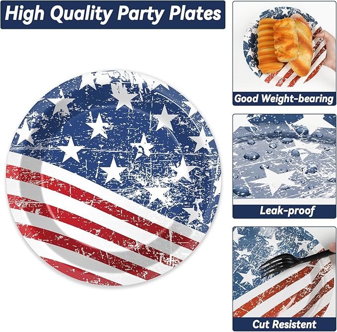 50 Guests Patriotic Party Plates and Napkins Tableware Set 4th of July American Flag Birthday Party Supplies Independence Day Dinnerware Favors Veterans Day Memorial Day Decorations for Kid Boys Girls