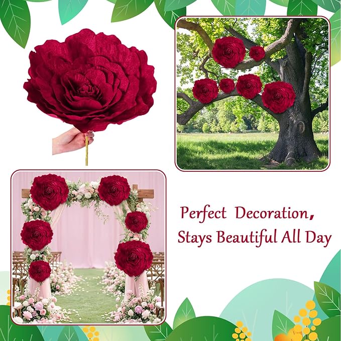 Norme 3 Pcs Valentine Giant Flowers for Decoration 12, 16, 20 Inch Large Rose Petals Giant Flowers Large Burgundy Red Rose for Wedding, Home Decor, Anniversary Birthday Valentine's Day