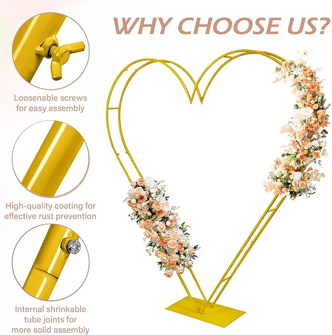7FT Metal Heart Arch Double Heart Shaped Balloon Stand Wedding Arch for Proposal Ceremony Valentine's Day Birthday Party Baby Shower Decoration (Gold)