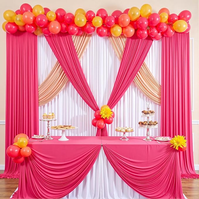 40 ft x 10 ft Wrinkle Free Fuchsia Backdrop Curtain for Parties, 8Panels Polyester Hot Pink Photo Backdrop Drapes for Wedding Birthday Party Baby Shower