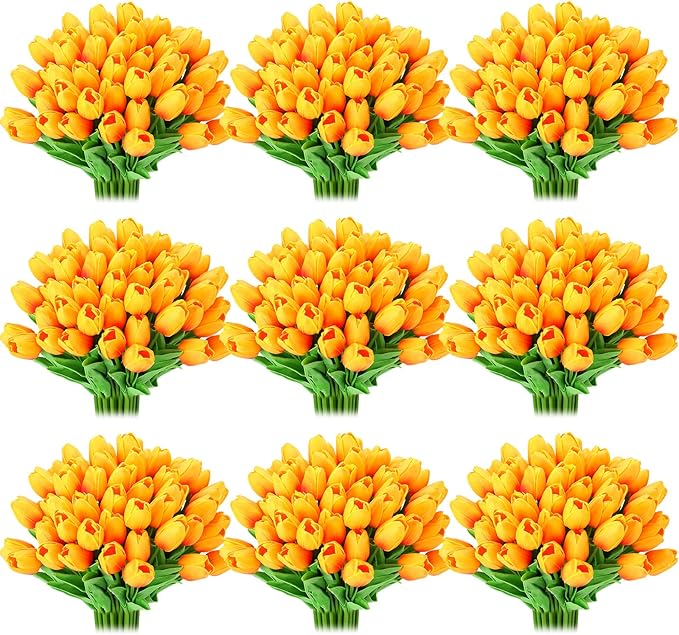 Jexine 100 Pcs Artificial Real Touch Tulips Fake Artificial Tulip Flower Bulk Bouquet with Stem for Table Centerpieces Wedding Bridal Easter Mother's Day Garden Home Decor, 13.4''(Sunset Red)