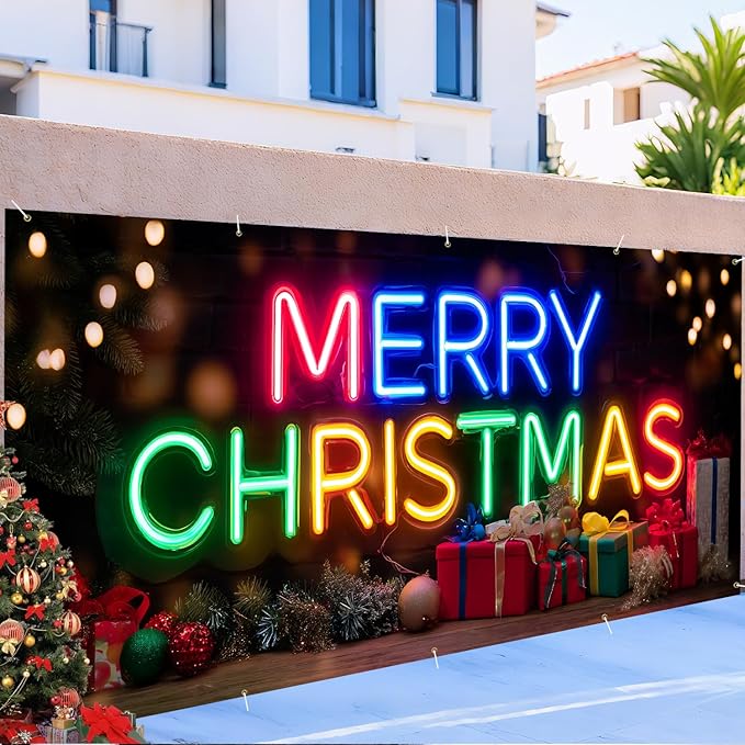 Colorful Neon Merry Christmas Garage Door Banner 7x16FT, Bright Holiday Sign for Xmas, Outdoor Decoration for Garage Doors, Large Garage Cover for Christma
