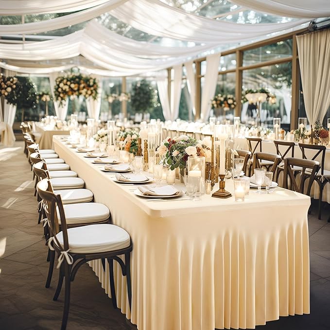 Wish Care 2 Pack Champagne Spandex Table Clothes for 8 Foot Rectangle Tables, 8FT Wrinkle Free Fitted Tablecloths Ruffles Design Table Cover for Party, Banquet, Wedding and Events