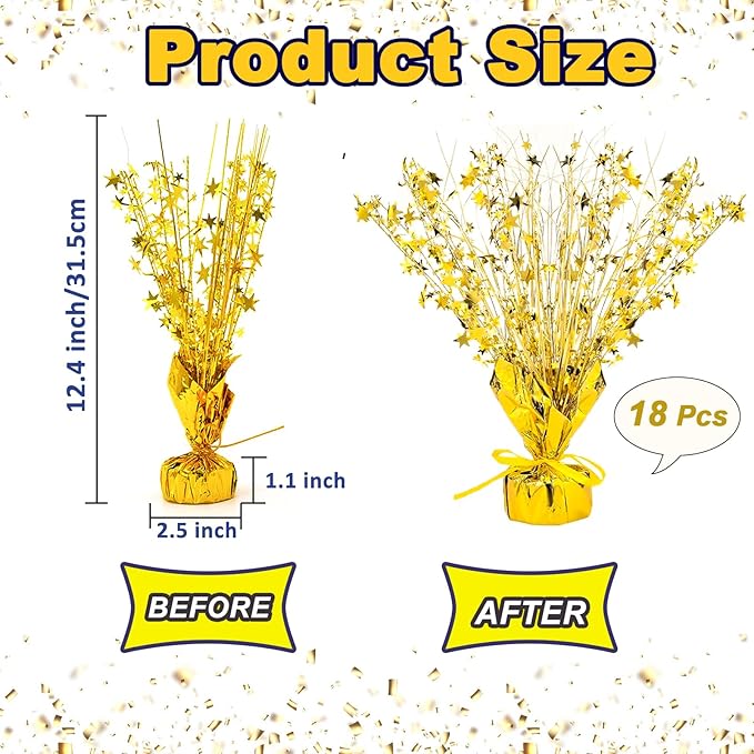 18 Pack Metallic Foil Spray Centerpiece Star Table Decoration Burst Glitter Tabletop Centerpieces for Birthday Christmas New Years Nye Wedding Graduation Holiday Party Supplies Decor, Gold