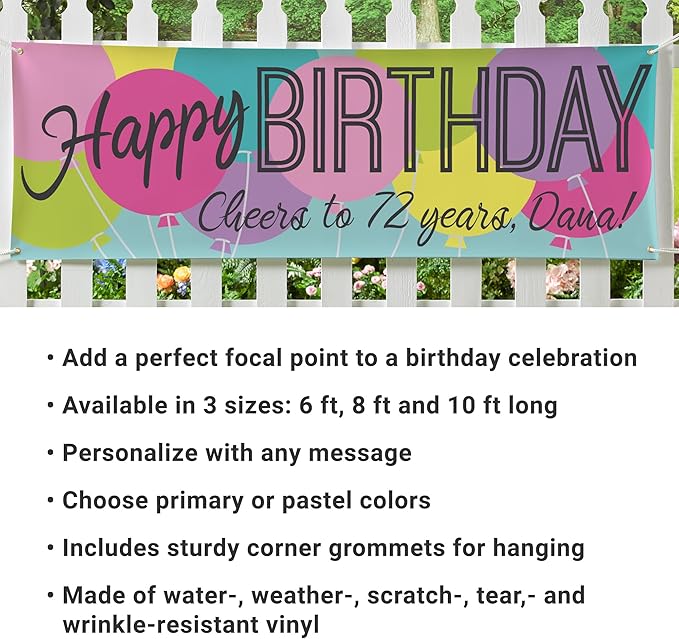Let's Make Memories Personalized Happy Birthday Banner - Choose Any Year - Birthday Party Decorations - Custom Indoor/Outdoor Vinyl Banner - Any Message - Balloons - Pastel Colors - 8ft