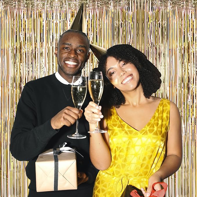 Champagne Gold Foil Fringe Curtains 50 Pack 3.2ft x 8.2ft Fringe Backdrop Curtains Metallic Tinsel Streamer Photo Backdrop for Birthday Party Decorations Halloween Christmas Party Supply