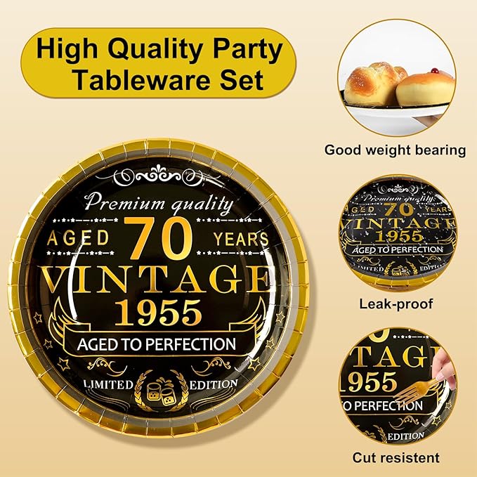 70th Birthday Party Tableware Set,Back in 1955 70th Birthday Party Supplies Decorations,Include 1955 Anniversary Card,Tablecloth and Plates, Forks,Napkins 24 Guests for Men