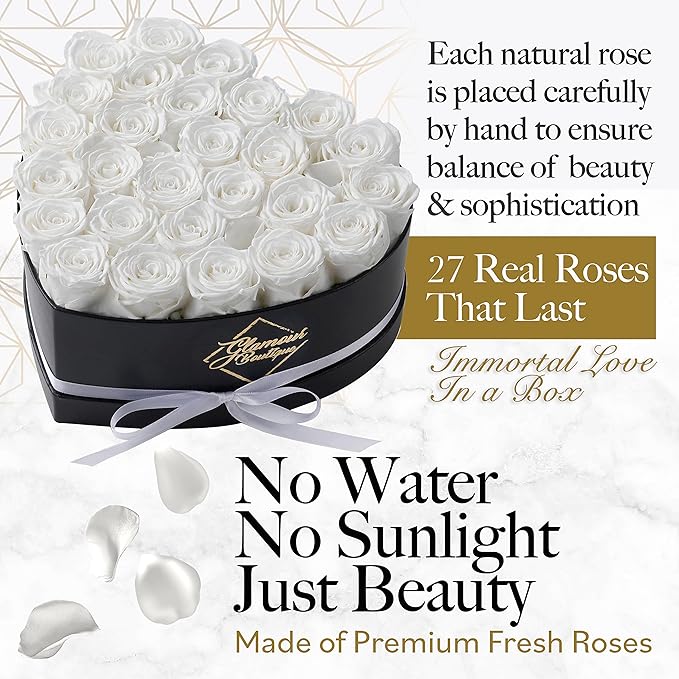 GLAMOUR BOUTIQUE 27 Flower Forever Heart Shape Box, Eternal Preserved Roses Gift for Her, Lasting Flowers, Premium Floral Heart Box for Birthday, Anniversary or Valentine’s Day, White (Color-Treated)